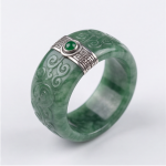Carved Green Jade Band Ring with Silver Greek Key Bands and Cabochon