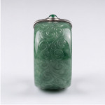 Carved Green Jade Band Ring with Silver Greek Key Bands and Cabochon - Image 6