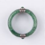 Carved Green Jade Band Ring with Silver Greek Key Bands and Cabochon - Image 4