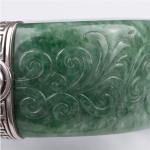 Carved Green Jade Band Ring with Silver Greek Key Bands and Cabochon - Image 9