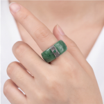 Carved Green Jade Band Ring with Silver Greek Key Bands and Cabochon - Image 8