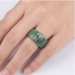 Carved Green Jade Band Ring with Silver Greek Key Bands and Cabochon - Image 5