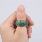 Carved Green Jade Band Ring with Silver Greek Key Bands and Cabochon - Image 2