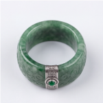 Carved Green Jade Band Ring with Silver Greek Key Bands and Cabochon - Image 3