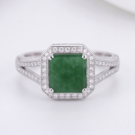 Emerald-Cut Green Jade Halo Ring in Rhodium-Plated Sterling Silver - Image 3