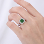 Emerald-Cut Green Jade Halo Ring in Rhodium-Plated Sterling Silver - Image 2