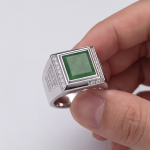 Men's Square Green Jade Signet Ring in Rhodium-Plated Sterling Silver - Image 8