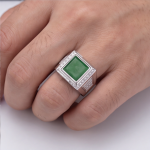 Men's Square Green Jade Signet Ring in Rhodium-Plated Sterling Silver - Image 2