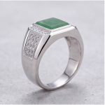 Men's Green Jade Ring with Pave Shoulders in Rhodium-Plated Sterling Silver