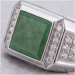 Men's Green Jade Ring with Pave Shoulders in Rhodium-Plated Sterling Silver - Image 6