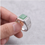 Men's Green Jade Ring with Pave Shoulders in Rhodium-Plated Sterling Silver - Image 5
