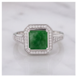 Octagonal Green Jade Halo Ring in Rhodium-Plated Sterling Silver - Image 9