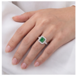 Octagonal Green Jade Halo Ring in Rhodium-Plated Sterling Silver - Image 5