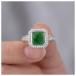 Octagonal Green Jade Halo Ring in Rhodium-Plated Sterling Silver - Image 8
