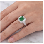 Octagonal Green Jade Halo Ring in Rhodium-Plated Sterling Silver - Image 2