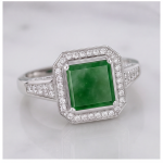 Octagonal Green Jade Halo Ring in Rhodium-Plated Sterling Silver - Image 3