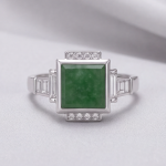 Art Deco Square Green Jade Ring with Baguette Accents in Rhodium-Plated Sterling Silver - Image 10
