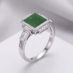 Art Deco Square Green Jade Ring with Baguette Accents in Rhodium-Plated Sterling Silver