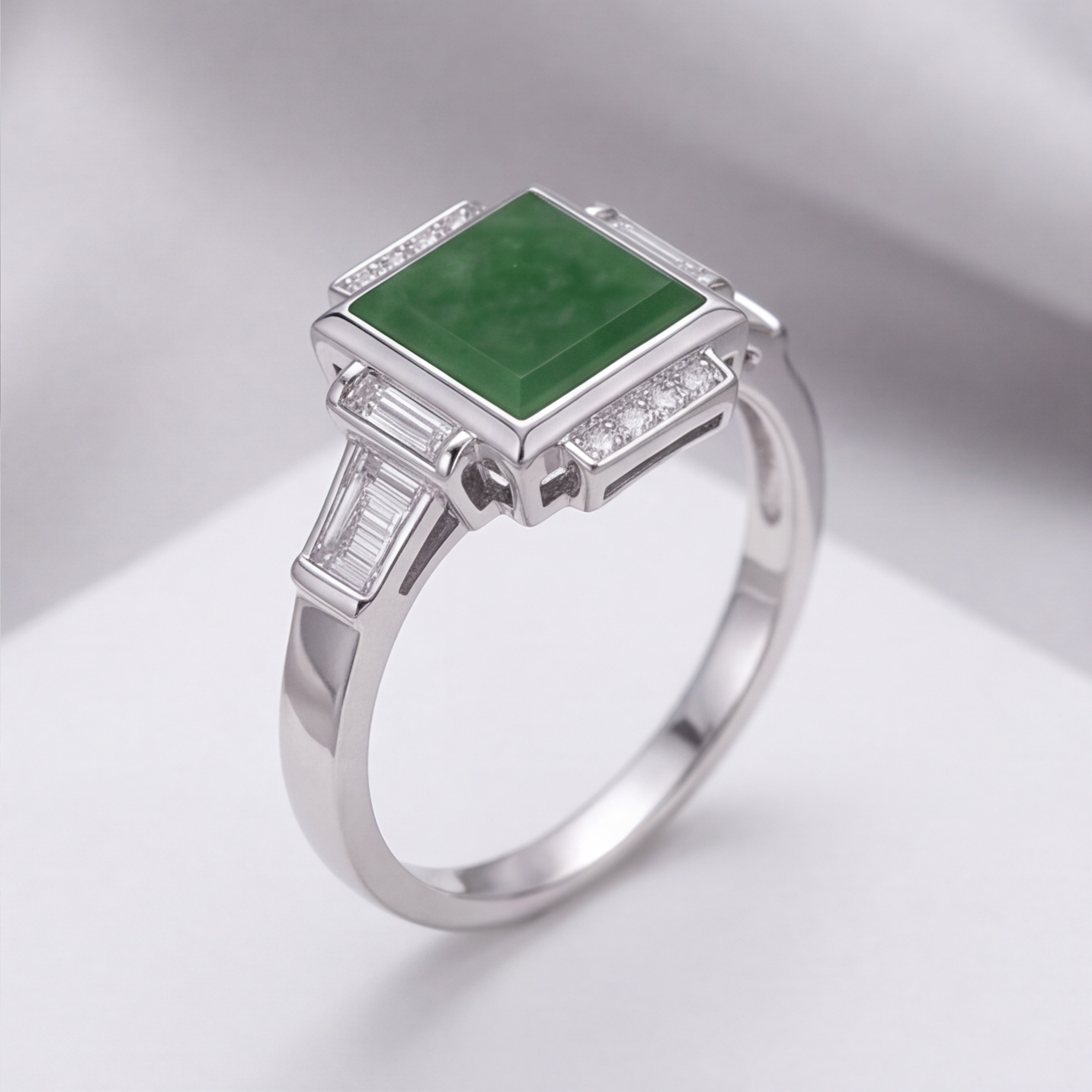 1786353038_87718be9-2 Art Deco Square Green Jade Ring with Baguette Accents in Rhodium-Plated Sterling Silver - Image 1