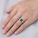 Art Deco Square Green Jade Ring with Baguette Accents in Rhodium-Plated Sterling Silver - Image 8
