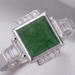 Art Deco Square Green Jade Ring with Baguette Accents in Rhodium-Plated Sterling Silver - Image 6