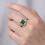 Art Deco Square Green Jade Ring with Baguette Accents in Rhodium-Plated Sterling Silver - Image 5