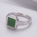 Art Deco Square Green Jade Ring with Baguette Accents in Rhodium-Plated Sterling Silver - Image 4