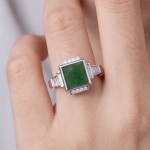 Art Deco Square Green Jade Ring with Baguette Accents in Rhodium-Plated Sterling Silver - Image 2