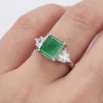 Three-Stone Green Jade and Trillion Cubic Zirconia Ring in Rhodium-Plated Sterling Silver - Image 2