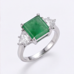 Three-Stone Green Jade and Trillion Cubic Zirconia Ring in Rhodium-Plated Sterling Silver
