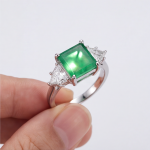 Three-Stone Green Jade and Trillion Cubic Zirconia Ring in Rhodium-Plated Sterling Silver - Image 5