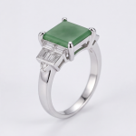 Rectangular Green Jade Ring with Stepped Baguette Shoulders in Rhodium-Plated Sterling Silver