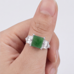 Rectangular Green Jade Ring with Stepped Baguette Shoulders in Rhodium-Plated Sterling Silver - Image 2