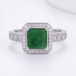 Square Green Jade Halo Ring with Crossover Pave Shoulders in Rhodium-Plated Sterling Silver - Image 3