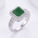 Square Green Jade Halo Ring with Crossover Pave Shoulders in Rhodium-Plated Sterling Silver