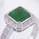 Square Green Jade Halo Ring with Crossover Pave Shoulders in Rhodium-Plated Sterling Silver - Image 7