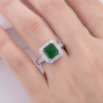 Square Green Jade Halo Ring with Crossover Pave Shoulders in Rhodium-Plated Sterling Silver - Image 8