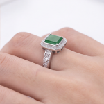 Square Green Jade Halo Ring with Crossover Pave Shoulders in Rhodium-Plated Sterling Silver - Image 5