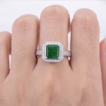 Square Green Jade Halo Ring with Crossover Pave Shoulders in Rhodium-Plated Sterling Silver - Image 2