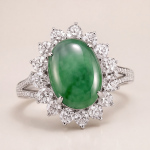 Oval Green Jade Cabochon Cluster Ring in Rhodium-Plated Sterling Silver - Image 3