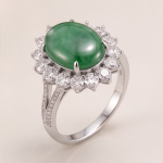 Oval Green Jade Cabochon Cluster Ring in Rhodium-Plated Sterling Silver