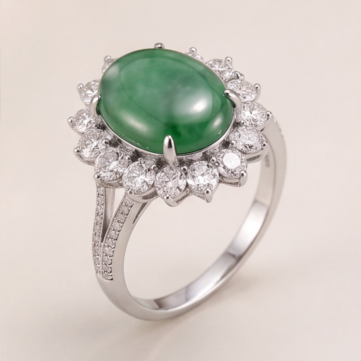 1786353304_0d988e70-3 Oval Green Jade Cabochon Cluster Ring in Rhodium-Plated Sterling Silver - Image 1