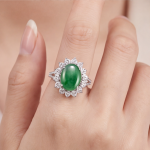 Oval Green Jade Cabochon Cluster Ring in Rhodium-Plated Sterling Silver - Image 2