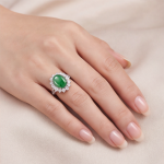Oval Green Jade Cabochon Cluster Ring in Rhodium-Plated Sterling Silver - Image 5