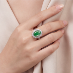 Oval Green Jade Cabochon Cluster Ring in Rhodium-Plated Sterling Silver - Image 8