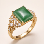 Emerald-Cut Green Jade Ring with Filigree Scroll Shoulders in Gold-Plated Sterling Silver - Image 10