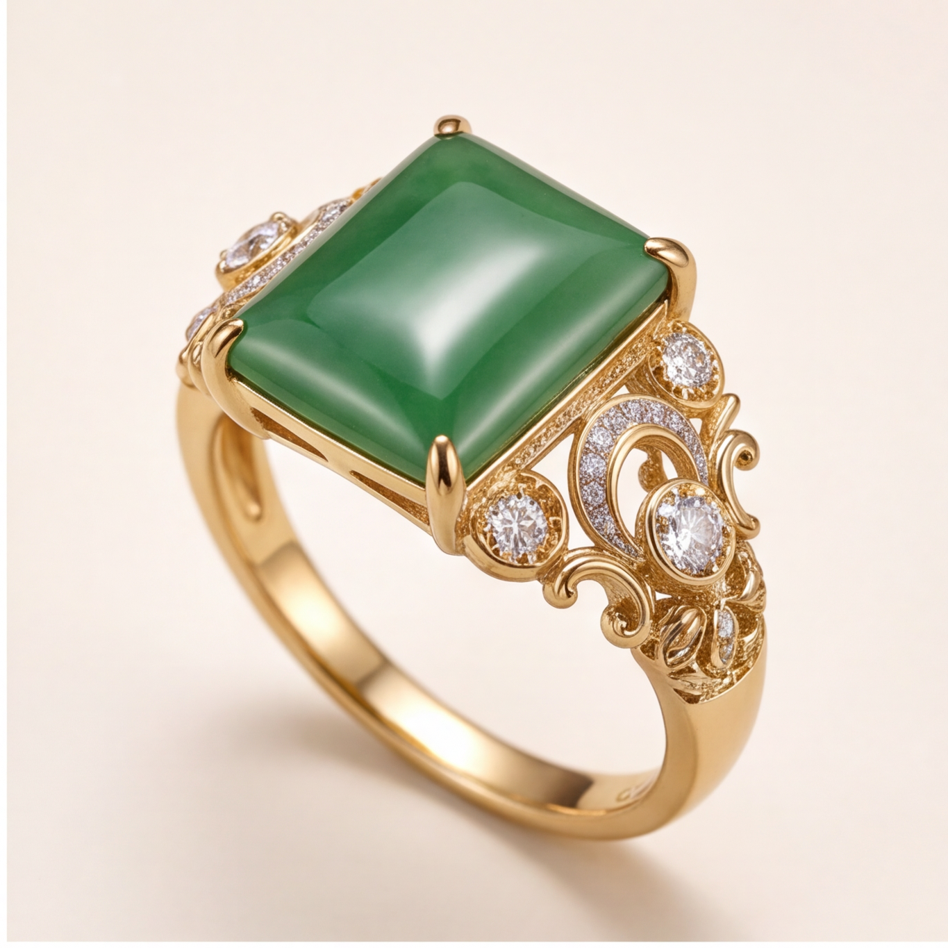 1786353309_3350b714-3 Emerald-Cut Green Jade Ring with Filigree Scroll Shoulders in Gold-Plated Sterling Silver - Image 1