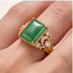 Emerald-Cut Green Jade Ring with Filigree Scroll Shoulders in Gold-Plated Sterling Silver - Image 2