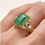 Emerald-Cut Green Jade Ring with Filigree Scroll Shoulders in Gold-Plated Sterling Silver - Image 5