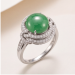 Round Green Jade Cabochon Swirl Halo Ring in Rhodium-Plated Sterling Silver